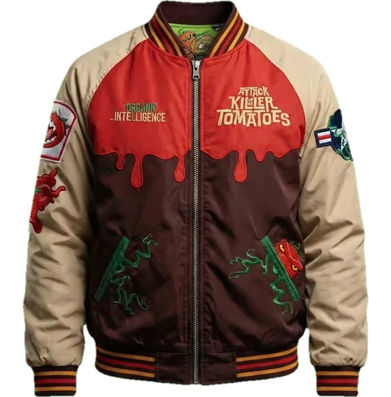 The limited-edition Killer Tomatoes varsity jacket: tan sleeves, red and brown body with a dripping tomato motif and embroidered patches.
